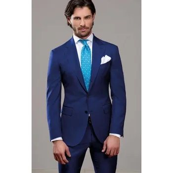 

Custom Made New Men Suits For Wedding Blue Grooms Tuxedos Peaked Lapel Two Piece Men Suits Slim Fit Groomsmen Sui (Jacket+Pants)