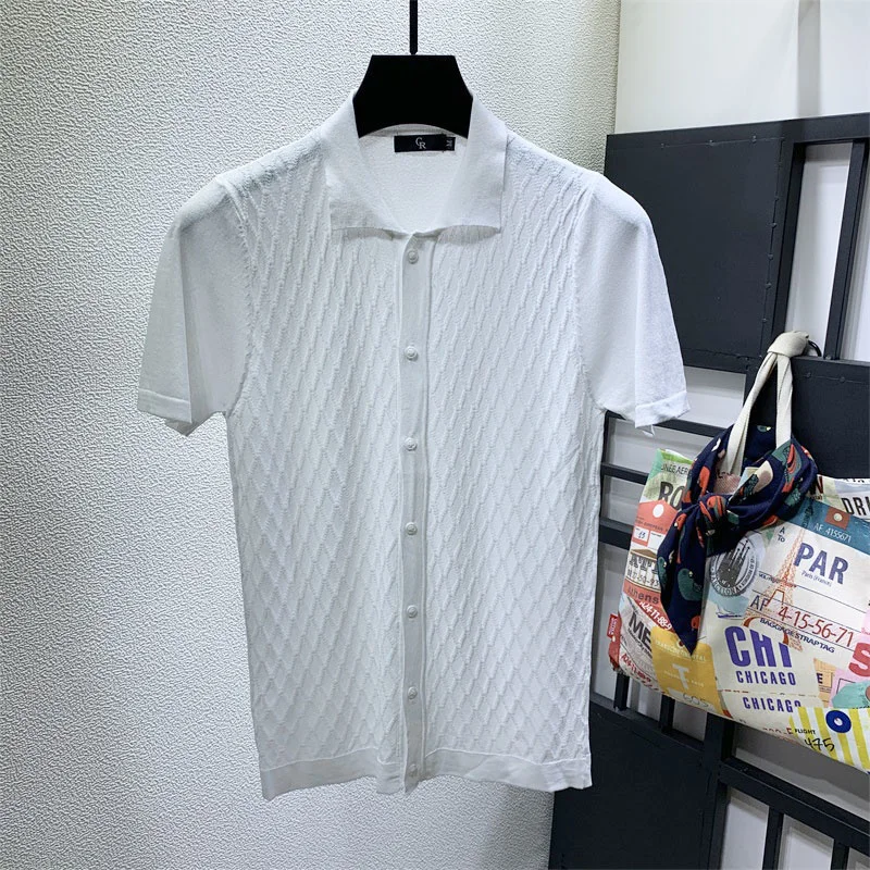 

Summer 2022 Ice Silk Short Sleeve Knitted Polo Shirt Men Clothing Male Turn Down Collar Slim Fit Casual Shirt Homme Clothes A01