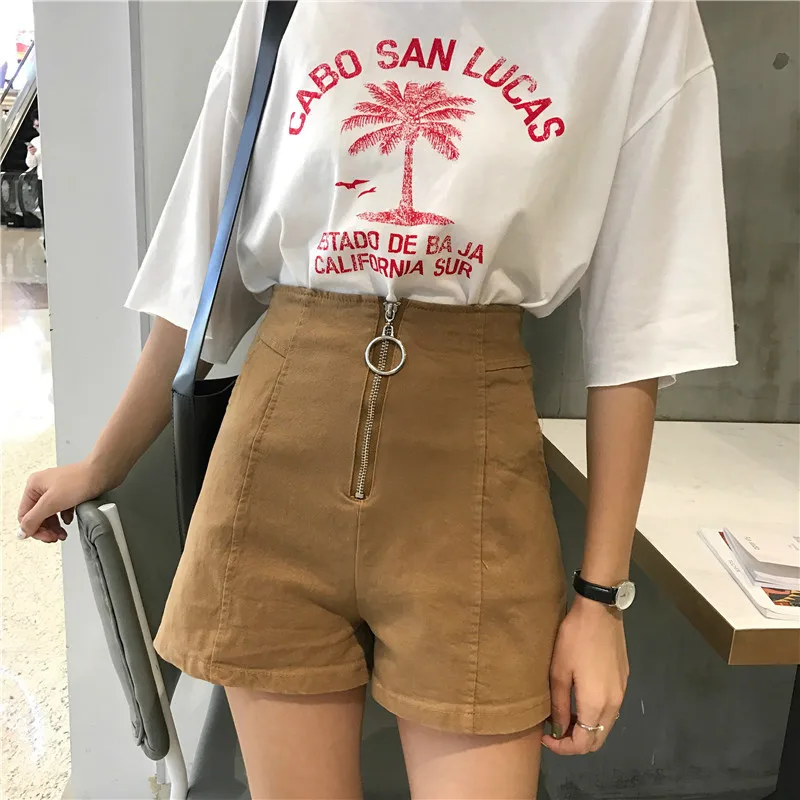 Khaki Новинка, летние женские шорты, одноцветные, шикарные, с кольцом, на молнии, женские шорты с высокой талией, свободные короткие штаны - Цвет: Khaki