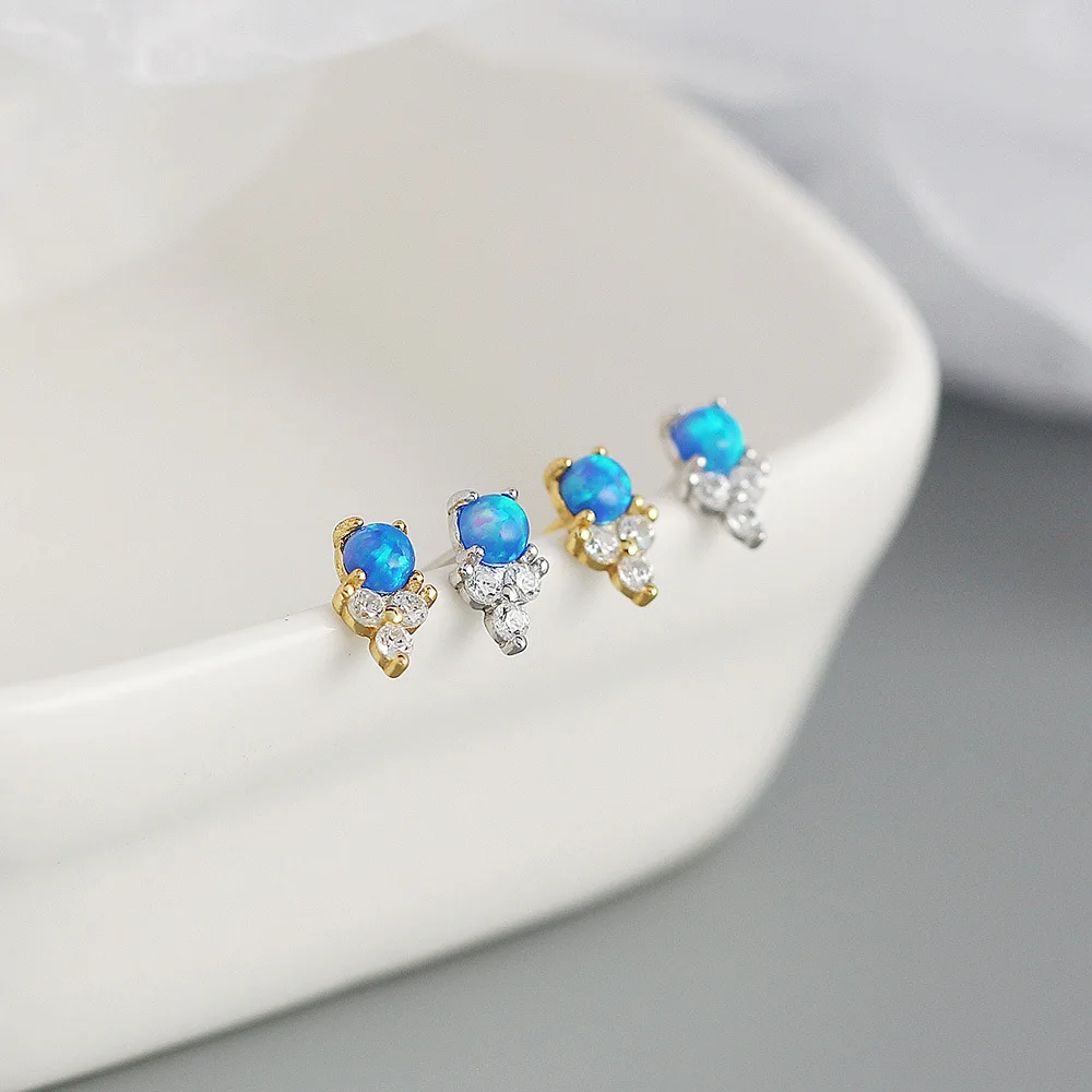 CCFJOYAS 925 Sterling Silver Mini Blue Opal Stud Earrings for Girl Simple INS Cute Studs Piercing Earrings Fashion Jewelry