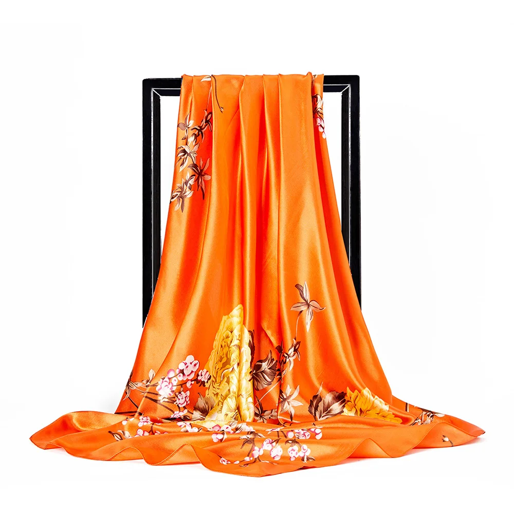 Fashion Scarf Women Shawl Chinese style Print Silk Satin Hijab Female Luxury Brand Square Lady Muffler Coverchief Bandanna Girl silk scarf printed scarf women scarves