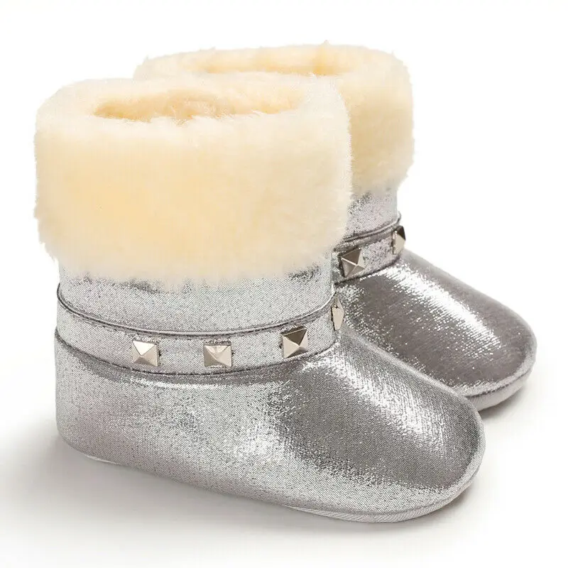 Новые детские сапоги для маленьких девочек; толстые теплые ботинки на мягкой подошве - Цвет: Серебристый