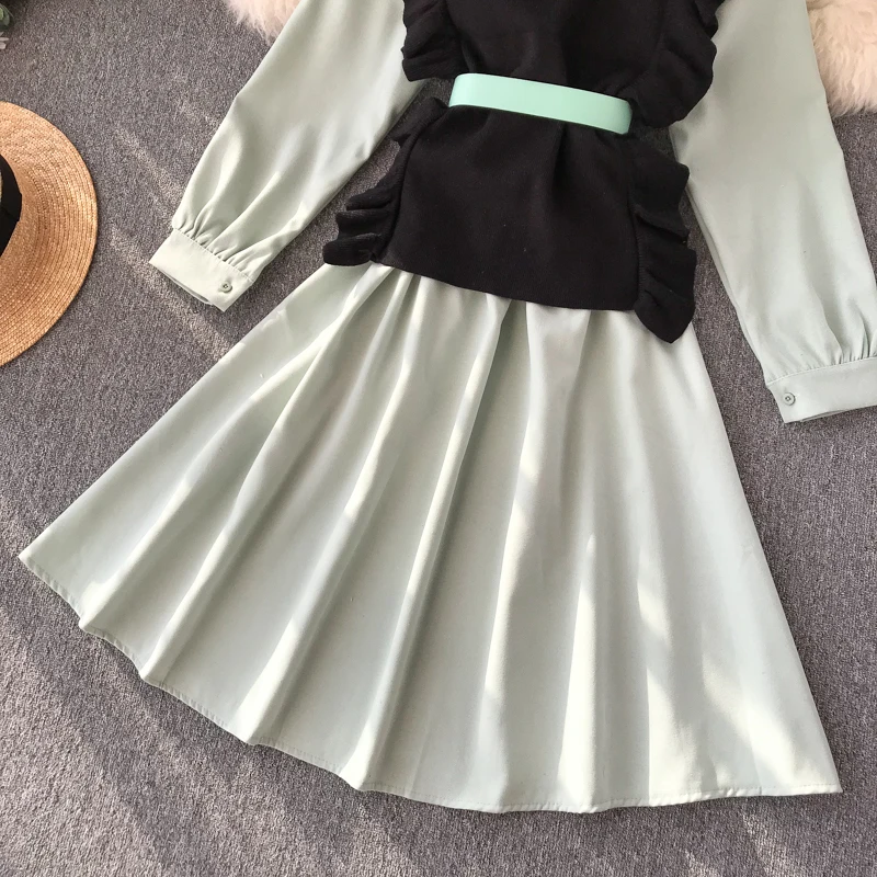 ALPHALMODA модный жилет с поясом+ платье с длинными рукавами комплект из 2 предметов, однобортное платье-рубашка, вязальный резервуар, Женский Повседневный осенний комплект