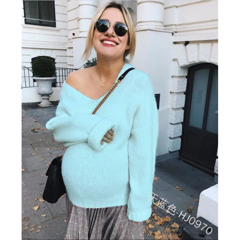 Light Blue Свитер для беременных теплая зимняя одежда для беременных женщин рубашка с открытыми плечами свитер с длинными рукавами - Цвет: Light Blue