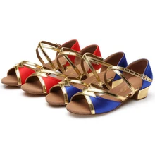 Детская танцевальная обувь для танго, латинских танцев, женская детская бальная танцевальная обувь для маленьких девочек, сандалии для сальсы на низком каблуке, большой размер 40