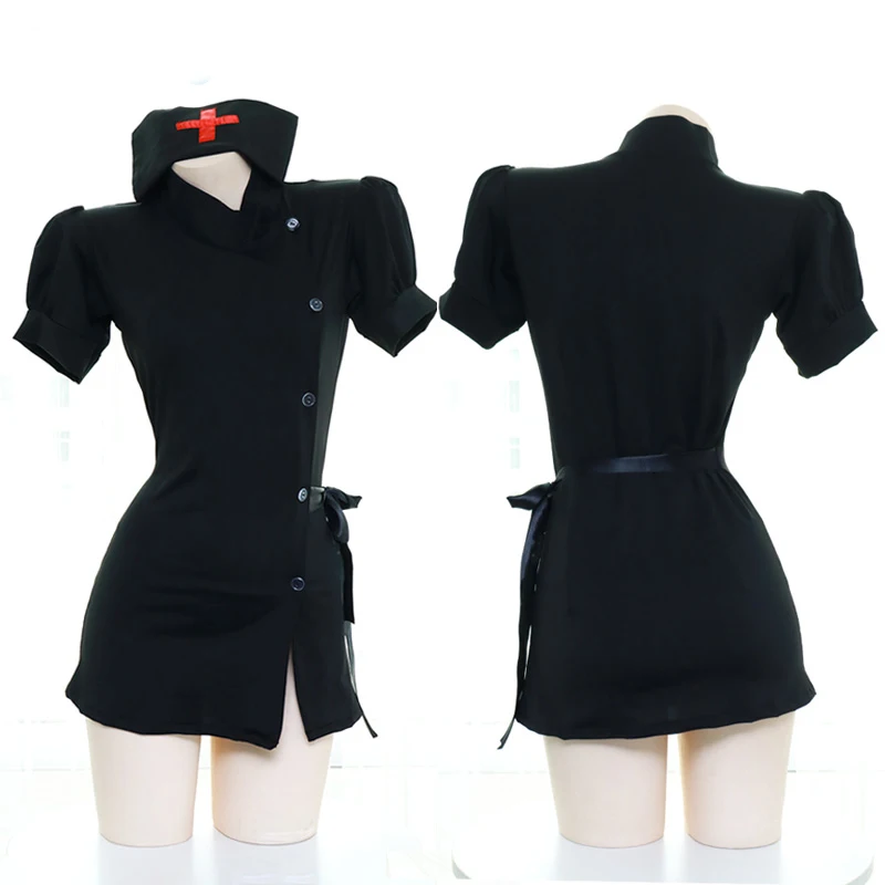 

Black Girl Nurse Uniform suit Sleepwear Dress With Hat Panties Sexy Gothic Women Cosplay Short Sleeve Private Room Underwear Set