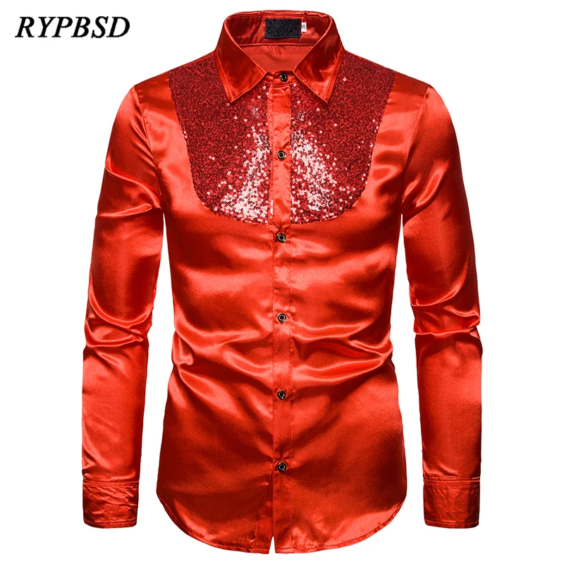 Silk Satin Luxury Sequin Dress Shirt For Men Fashion 2021 Autumn Long Sleeve Wedding Dance Party Prom Nightclub Stage Costume beige slim fit wedding men suits groom wear tuxedos bridegroom suits best man blazer 2 pieces jacket pnats prom costume homme