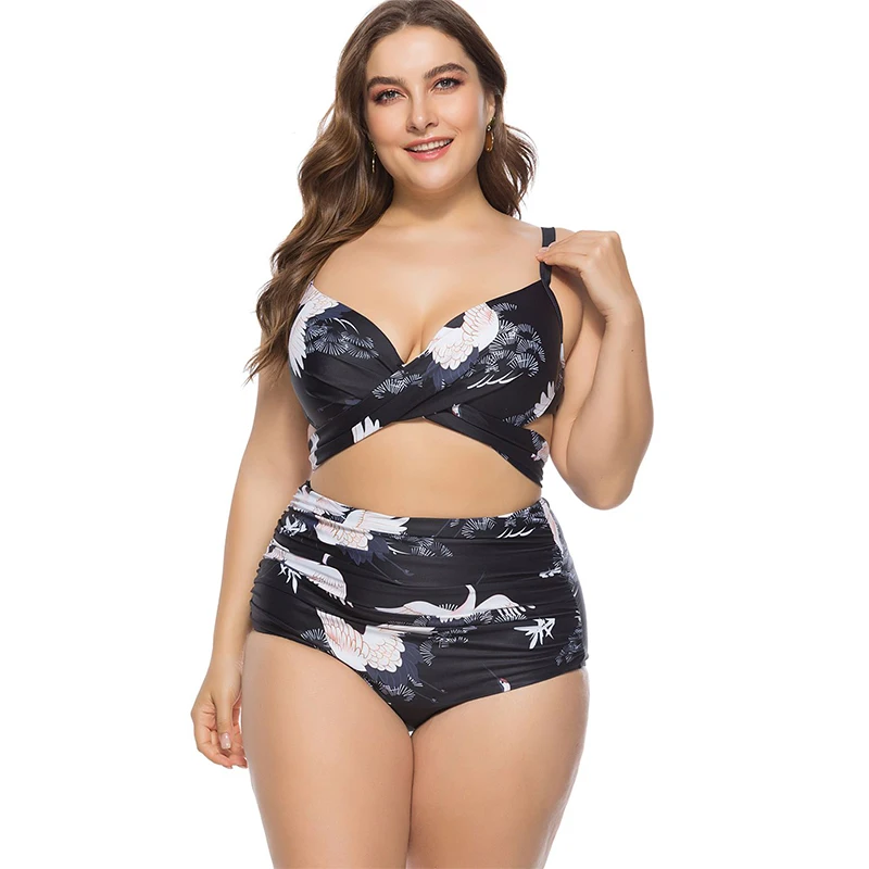 01 black 5XL размера плюс, комплект бикини для женщин, летний купальник с высокой талией и принтом пуш-ап, бикини, купальник большого размера, пляжная одежда для купания - Цвет: 01 black