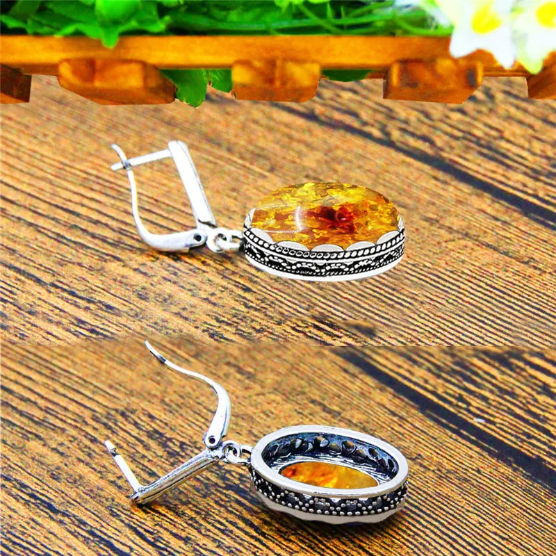 Classic Synthetic Ambers Jewelry Set For Women Antique Silver Plated Necklace Earrings Eye Shape Ring Fashion Set