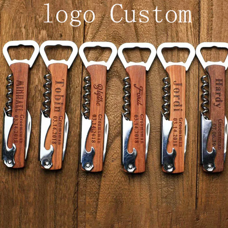 

Wood Handle Wine knife corkscrew wine opener OEM Engraved Corkscrew opener Groomsmen Idea Personalized beer bar Wedding Gift