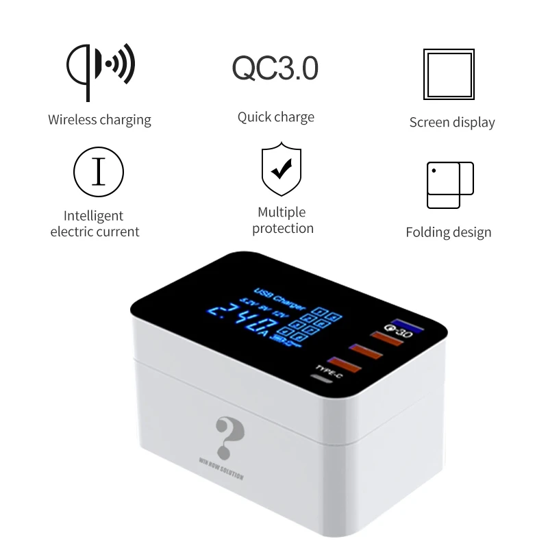 40 Вт QC 3,0 usb порты+ 3 usb порта+ USB-C/type-C порты+ Беспроводная зарядка многофункциональное складное зарядное устройство с светодиодный дисплеем
