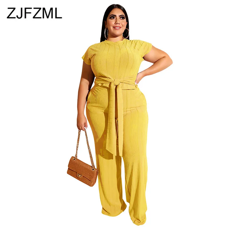 

Neon Yellow Knitted Two Pieces Sets Summer Outfits For Women O Neck Short Sleeve Crop Top And Wide Leg Pant Plus Size Tracksuits