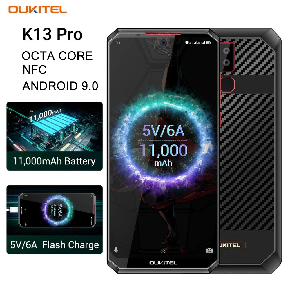 

6.41 inch OUKITEL K13 Pro 4G Mobile Phone Android 9.0 Octa Core 4GB RAM 64GB ROM 16MP Back Camera 11000mAh Battery Smartphone