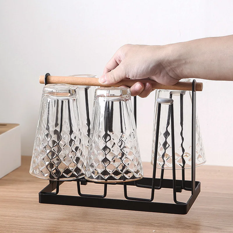 

Metal Drainer Holder Cup Drying Rack Stand Shelf Non-Slip Mugs Cups Organizer with Wood Handle Wine Glass Storage Kitchen Tools