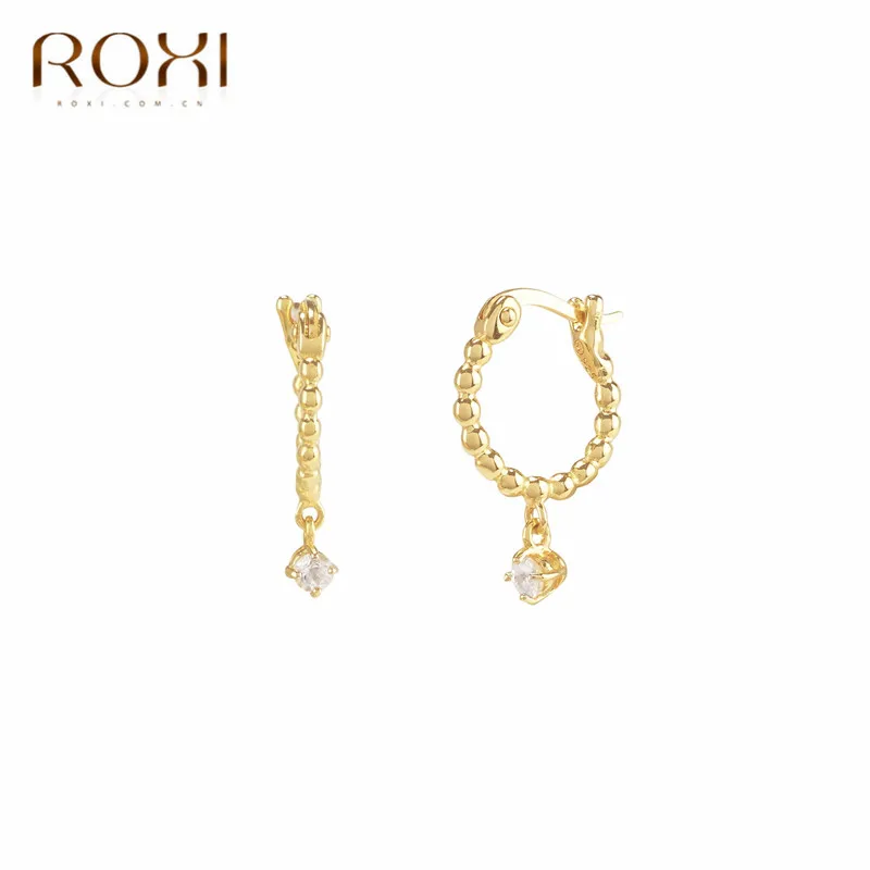 ROXI 925 пробы, серебряные серьги, маленькие круглые бусины, CZ подвеска, серьги-гвоздики для женщин, oorbellen Brincos, женские свадебные серьги - Окраска металла: Золотой цвет
