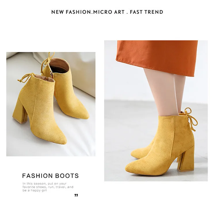 Hot Sale Women Boots Autumn Winter Flock Ankle Boots Female Square High Heels Shoes Woman Zipper Botas Zapatos Mujer