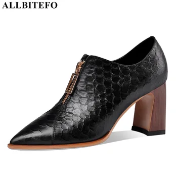 

ALLBITEFO thick heel genuine leather snake skin sexy high heels party women shoes high quality women high heel shoes women heels