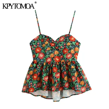 

KPYTOMOA Women 2020 Fashion Floral Printed Ruffled Blouses Vintage Backless Drawstring Tied Straps Female Shirts Blusa Chic Tops
