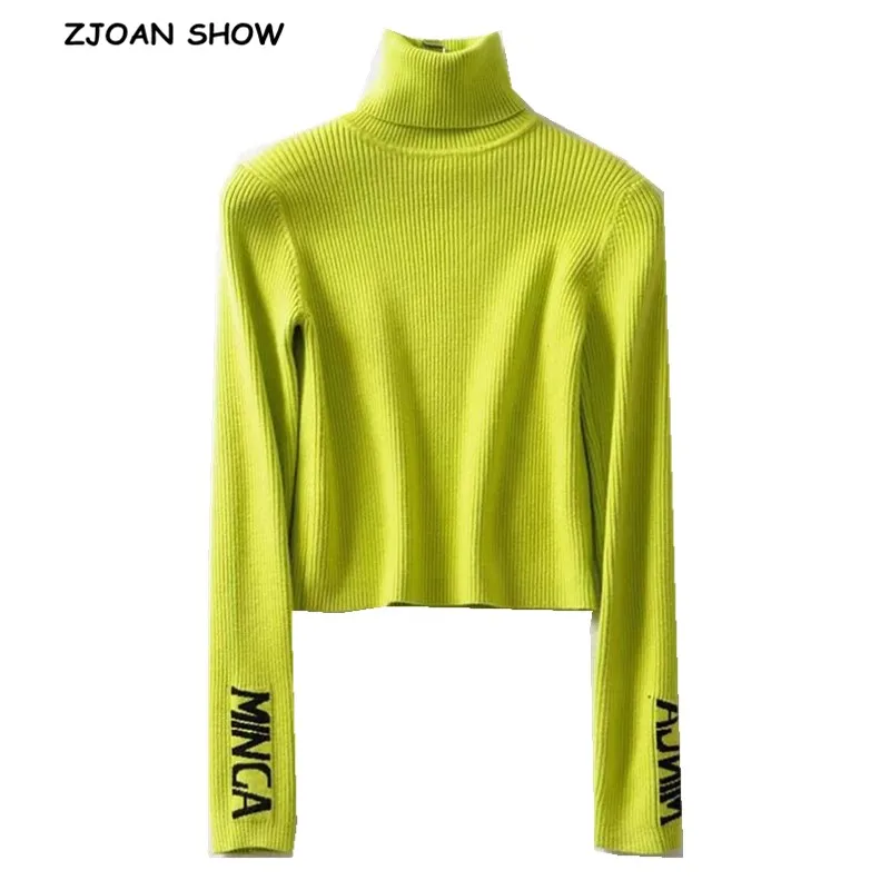 

2019 Autumn Women Letter Sleeve Striped Line Turtleneck Sweater High Collar Exposed navel Short Pullover Knitwear Jumper Tops