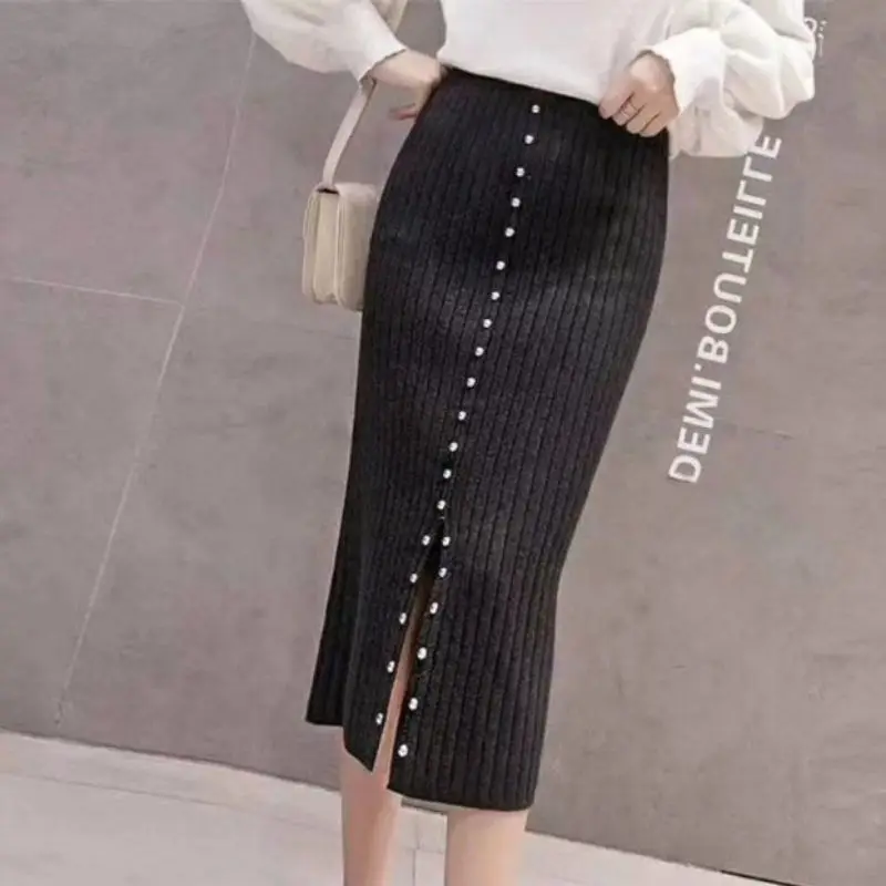 

High Waist Black Split Fork Rivet Skirts Women Autumn Winter Thickening Bag Hip Step Skirt
