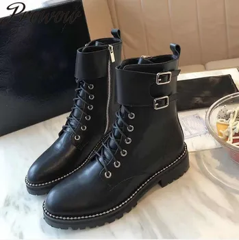 

Winter Genuine Leather Metal Trimmed Lace Up Ankle Boots Round Toe Thick Heel Zip Side Brand Luxury Women Boots