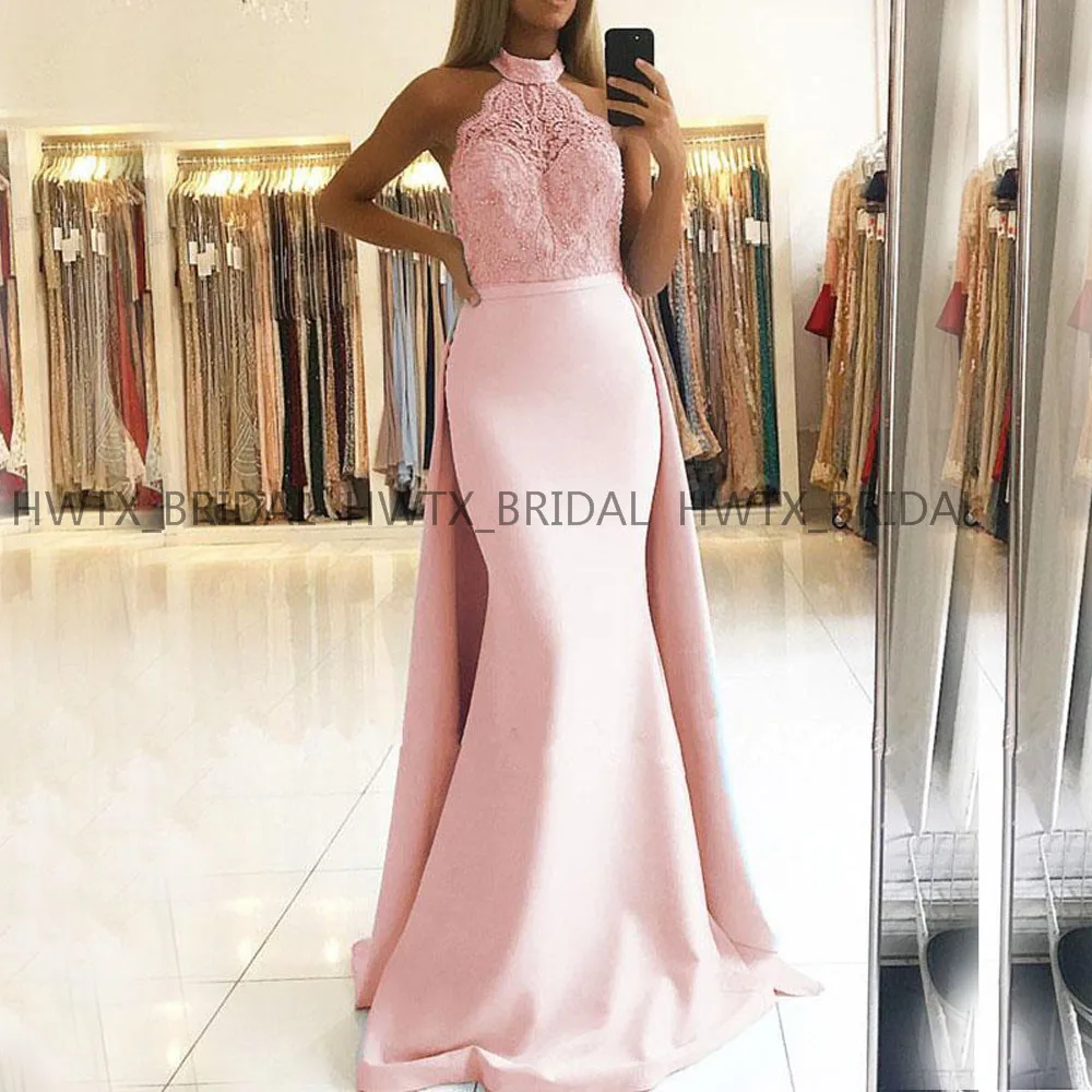 Afneembare Rok Lange Prom Dresses 2020 Roze Kant Satijn Robe de soiree Halter Mermaid Avondjurk Vestidos de fiesta de noche Afneembare Rok Lange Prom Dresses 2020 Roze Kant Satijn Robe de soiree Halter Mermaid Avondjurk Vestidos de fiesta de noche