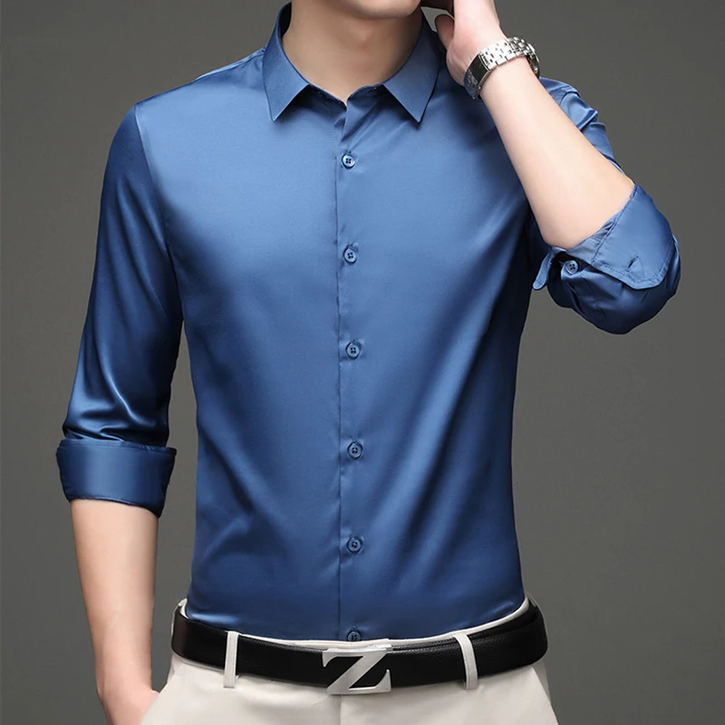 Long Sleeve Solid Color Men Dress Shirt 