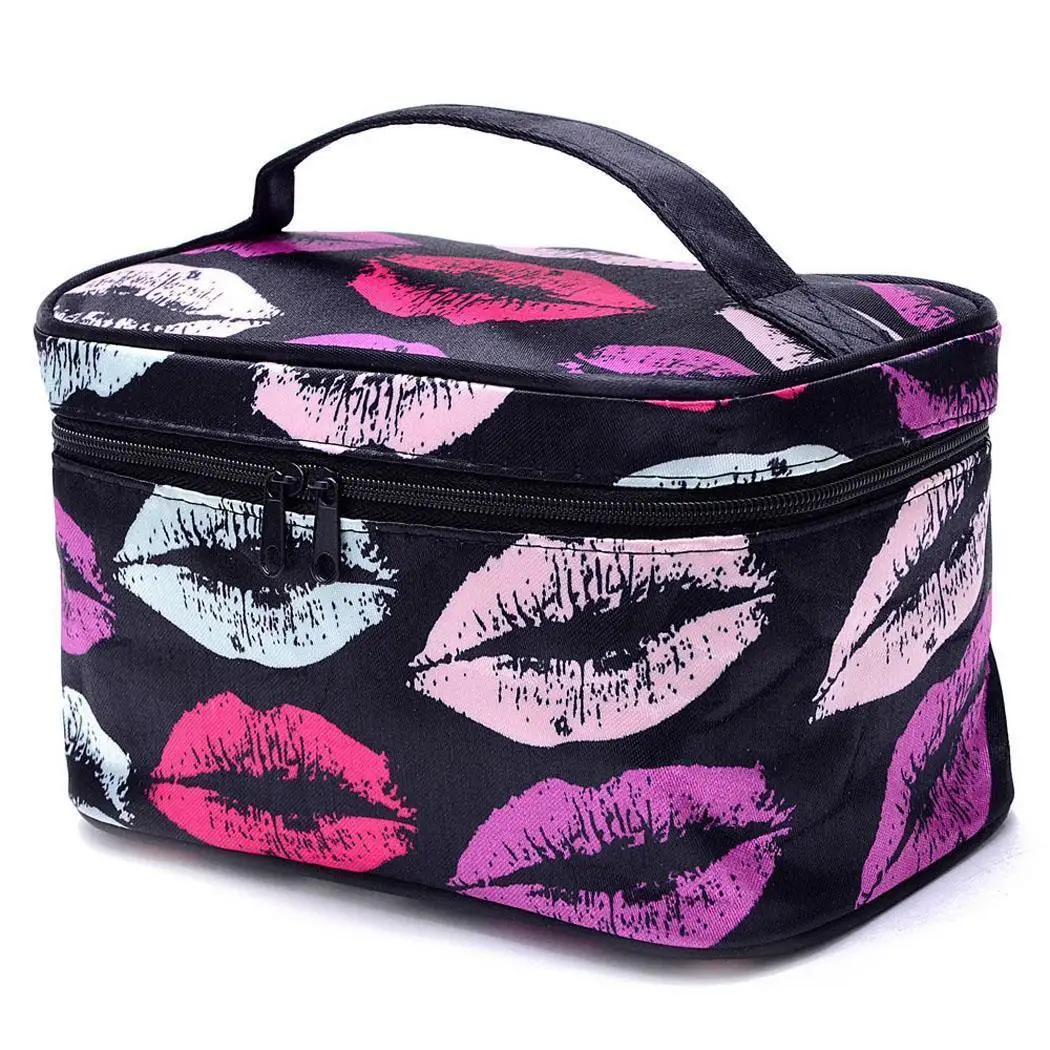 Women Fashion Lips Stripes Large Capacity Zipper Lips, Black White/Purple Black Makeup Storage Bag