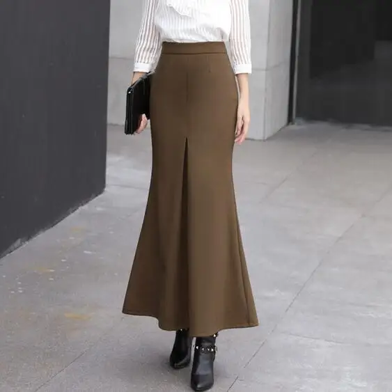Новые женские элегантные зимние макси юбки шерстяная длинная юбка с высокой