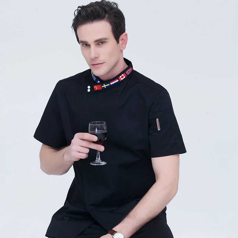 Chef Uniform High Quality Black White M-4XL Women Men Short-sleeve Oblique Embroidery Collar Kitchen Hotel Chef Jacket