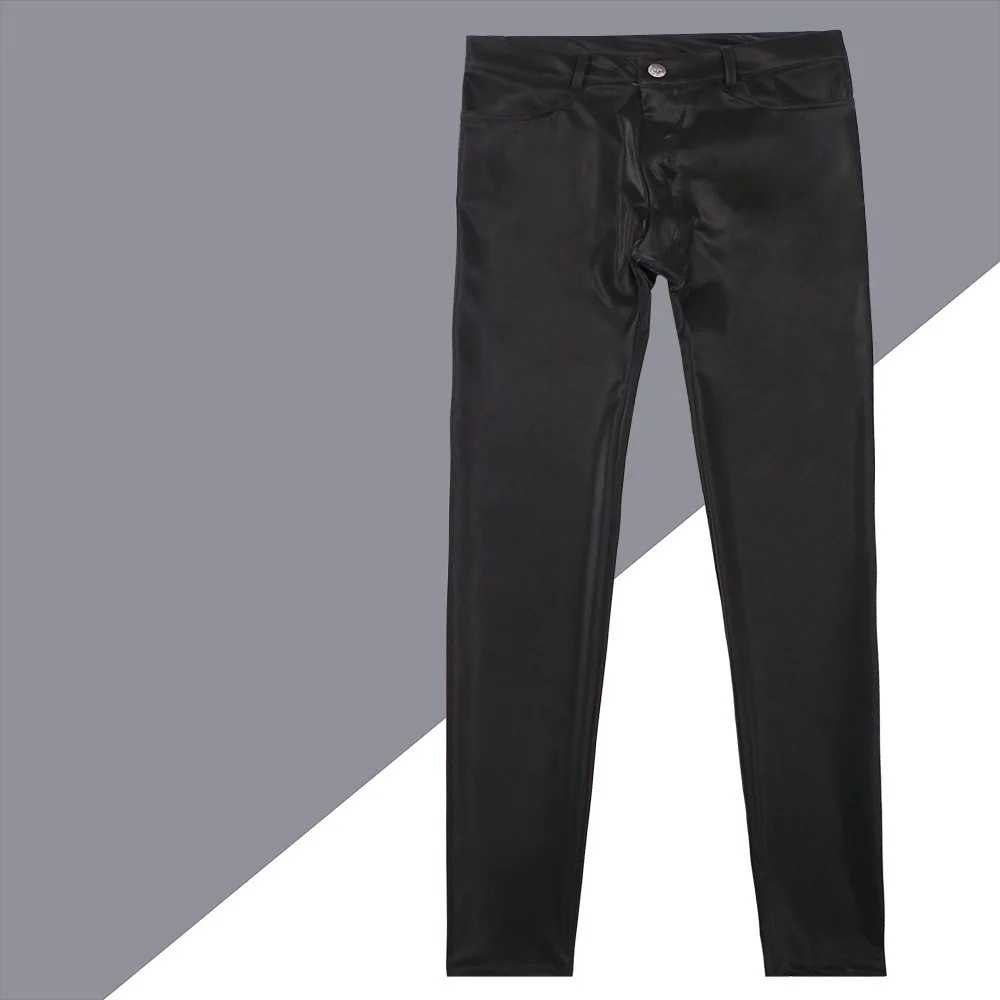 Men Sexy Pants Faux Leather Low Waist Motorcycle Trousers Slim Stretchy Stylish