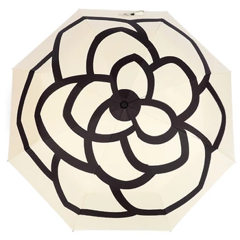 

Creative Camellia Dual Use Manual Umbrella Outdoor Vinyl Rubber Handle Umbrella College Style Three-Fold Umbrella-White