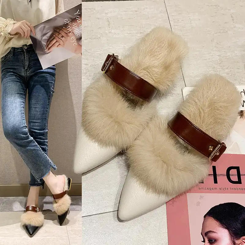 closed toe slides with fur