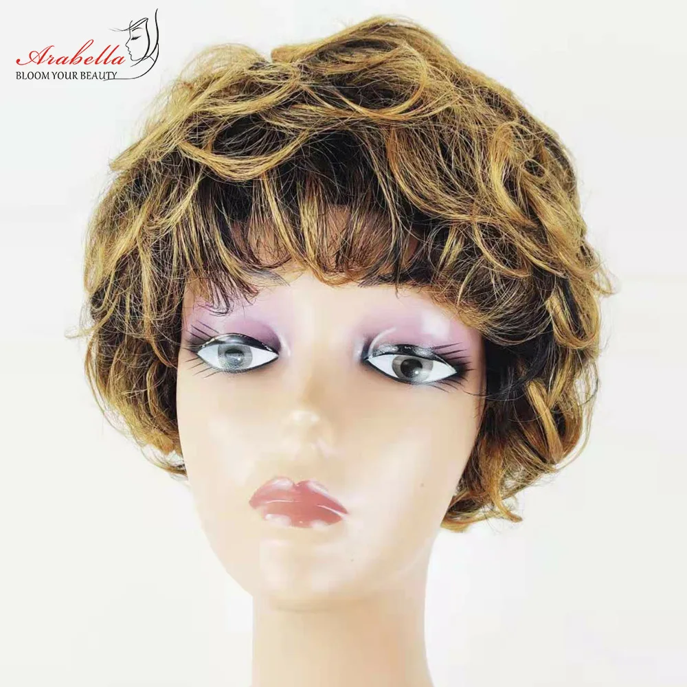 Curly Wig Ombre Hair Glueless Wig 100% Wigs Pixie Cut Wig Highlight Arabella Hair Wig With Bangs