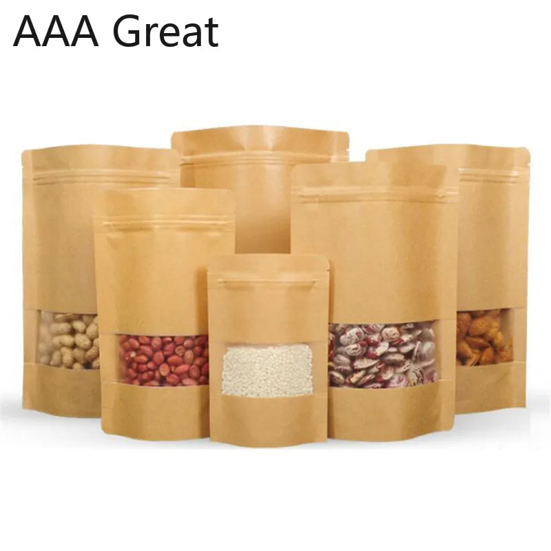 

100Pcs/Lot Brown Stand Up Kraft Paper Zip Lock Bags With Matte Clear Window Reclosable Pouches Zipper Packaging Candy Chocolate