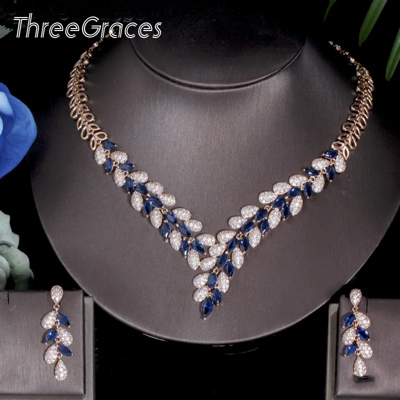 Ожерелье и серьги ThreeGraces в нигерийском стиле с большим листом синим фианитом