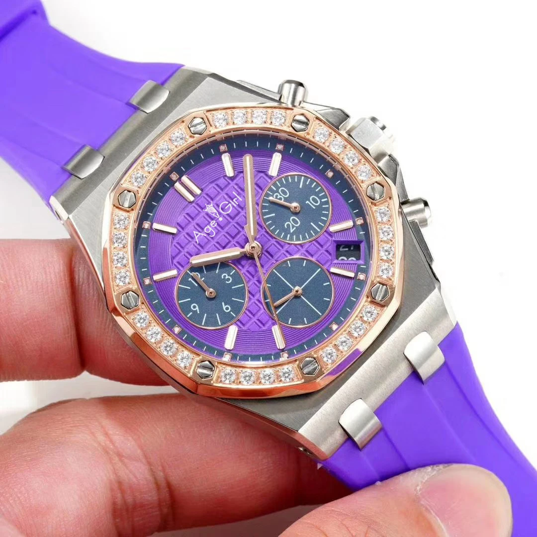 

Luxury Brand New Women Chronograph Stopwatch Sapphire Stainless Steel Luminous Watch Rubber Silver Rose Gold Diamond Bezel