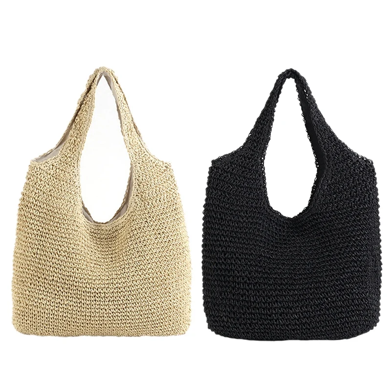 LJL-2 Pcs Korean Version Ins Wind Beach Holiday Style New Handmade Woven Bag Shoulder Simple Solid Color Wild Straw Bag(Black w