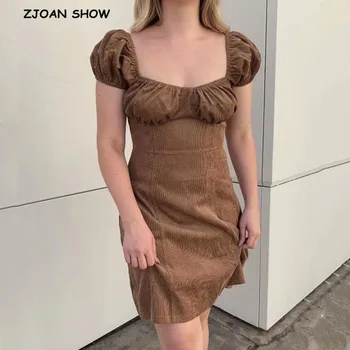 

2020 Retro Brown Corduroy Short Sleeve Short Dress for Woman Vintage French Elastic Square Collar Mini Dresses Holiday
