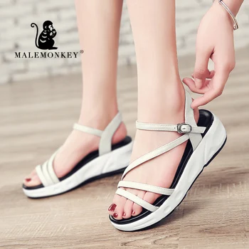 

MALEMONKEY 1415 Lady Sandals PU Leather Shoes 2020 Women Peep Toe Sandals Platform Flat Sole Ladies Casual Soft Sandals Women