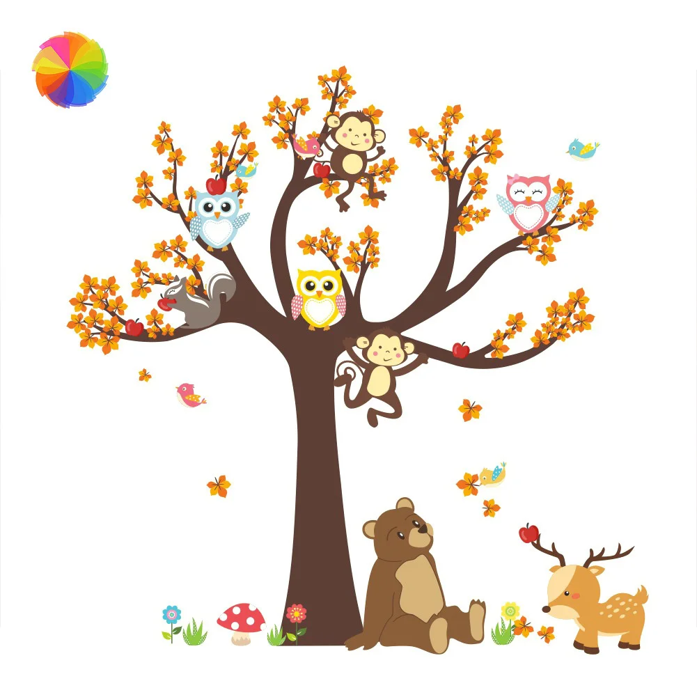 Наклейки на стену с изображением леса ветки дерева животных Совы обезьяны