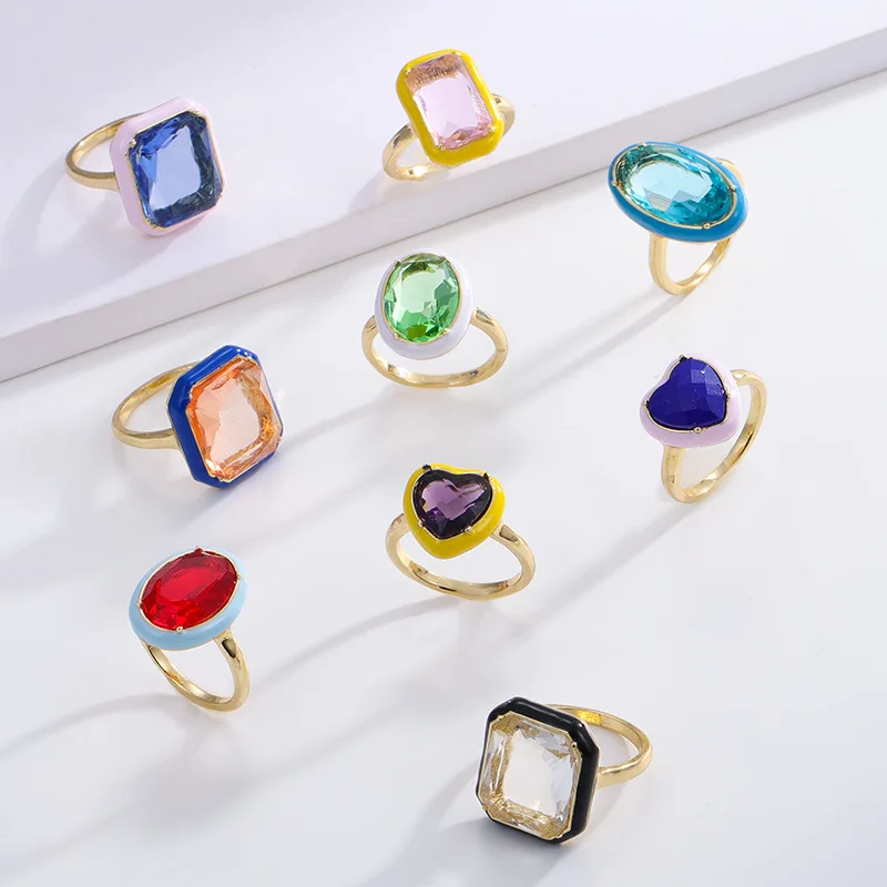 Wedding Finger Ring Irregular Geometric Square Round Colorful Crystal Cubic Zirconia Dripping Oil For Women Jewelry Gifts