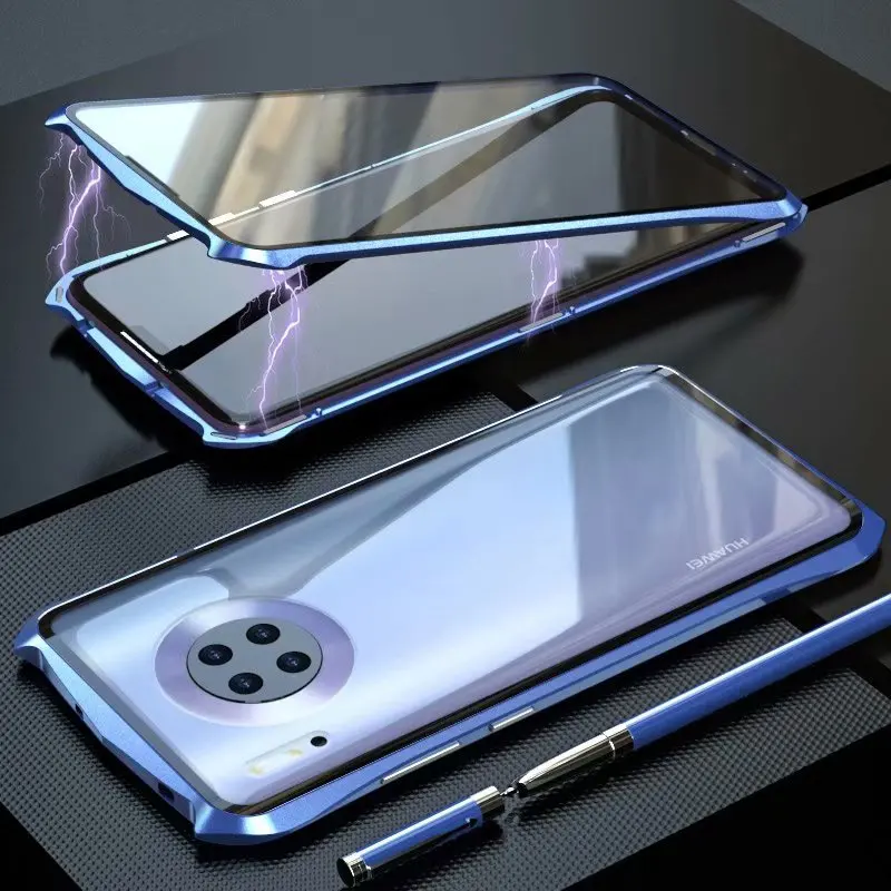 Роскошные Бэтмен элементы Алюминий металлический чехол для huawei Коврики 30/Pro тонкий жесткий чехол из закаленного высокопрочного стекла Стекло Магнитный чехол Крышка Коврики 30 Pro - Цвет: Light Blue