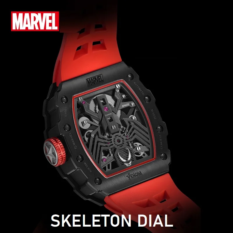 Disney Avengers Heros Marvel Venom szkielet własny wiatr zegarek automatyczny z włókna węglowego Hollow Dial szafirowy kryształ Reloj Hombr