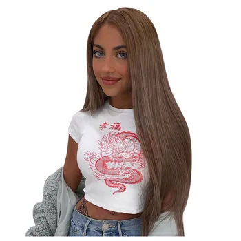 

T-shirt Women Casual Tops Tshirt White Chinese Character Dragon Print T Shirt Women Casual Tank Tee Streetwear T-shirt Female