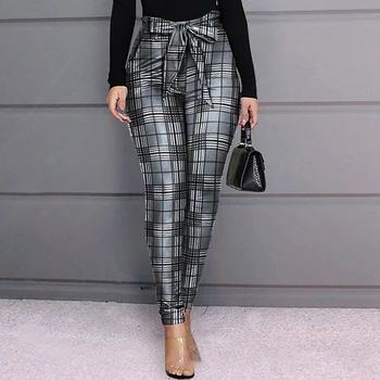 

STYLISH LADY High Waist Plaid Printed Pencil Pants 2020 Autumn Women Skinny Club Party Street Long Bow Tied Pants Trousers