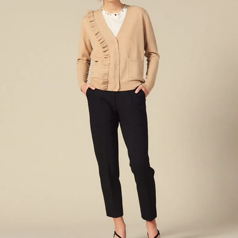 

Women Ruffled Knitted Cardigan Autumn Casual V Neck Solid Color Knitted Sweater