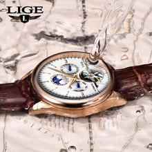 

LIGE Brand Classic Mens Watches Automatic Mechanical Watch Leather Waterproof Wristwatch Tourbillon Skeleton Watch Men relogio