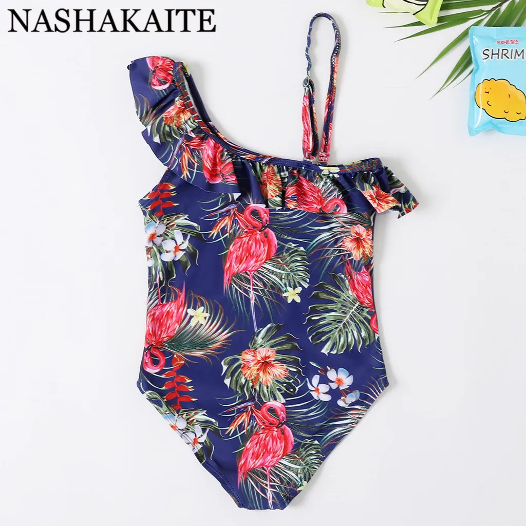 NASHAKAITE купальный костюм для мамы и дочки; Новинка; пляжная одежда на одно плечо с принтом Фламинго; семейный Купальник; купальник для мамы и дочки
