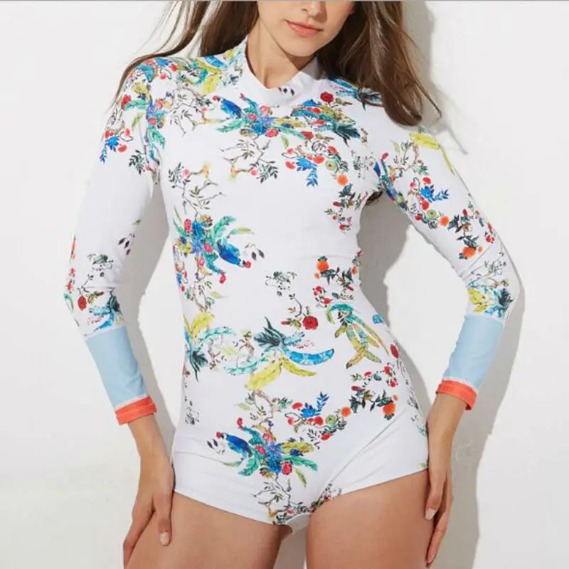 

Floral Print One Piece Swimsuit Long Sleeve Swimwear Women Bathing Suit Retro Swimsuit Vintage One-piece Surfing Swim Suits